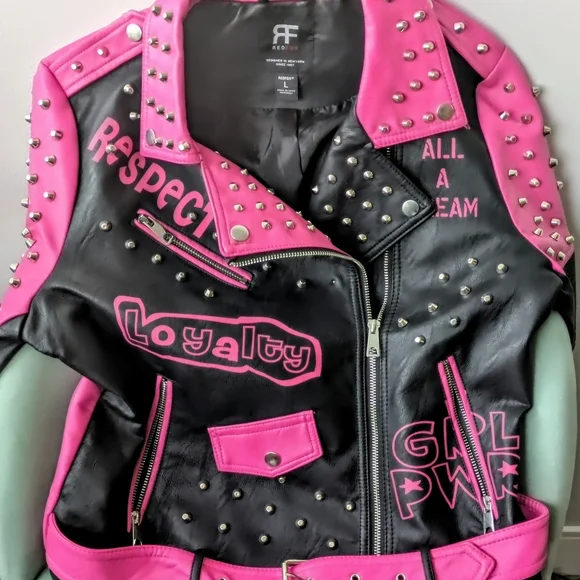 Pink and Black Vegan Leather Studded Moto Jacket - Picture 2 of 4